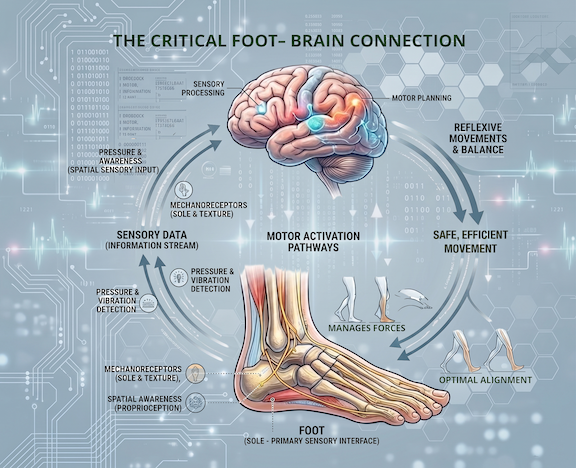 The Critical Foot-Brain Connection diagram showing sensory data from the foot, brain processing, motor activation pathways, and safe efficient movement.