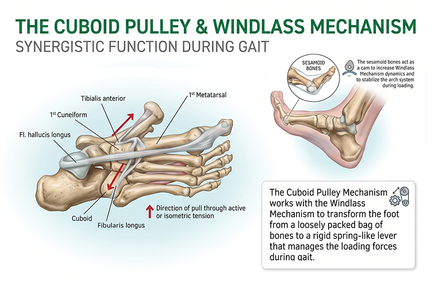 Illustration showing plantar and side views of the foot bones during formation of the Windlass and Cuboid Pulley mechanisms.
